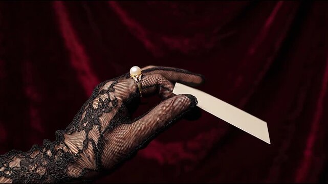 Woman hand in black lace glove with pearl ring holding blank invitation card over dark red velvet.