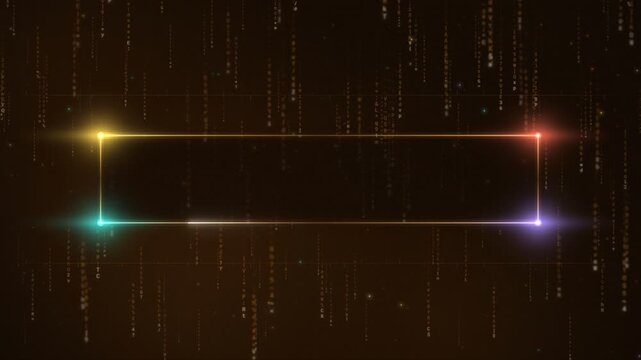 Animated neon rectangle frame drawing with coloured light flares over falling amber code rain, title border, text placeholder and cyber intro backdrop