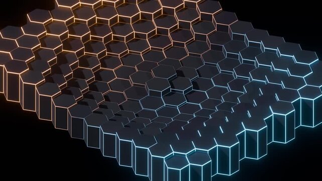 Isometric Hexagon Grid Neon Glowing Edges Orange Blue Tech Seamless Loop 3D Animation 4K