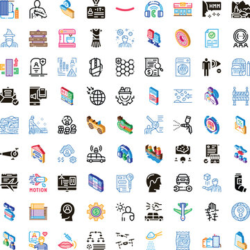 Collection of conceptual isometric, outline and glyph icons for business, technology, healthcare, and daily life, illustrating various abstract concepts and themes