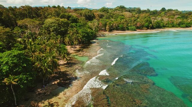 Shallow coral reef by palm lined beach Playa Cocles in tropical Costa Rica