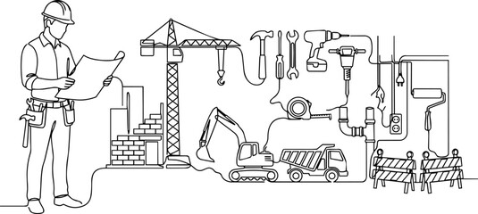 Fototapeta premium Continuous one-line drawing of a civil engineer reading a blueprint with heavy construction machinery, representing industrial building process and architectural development vector.