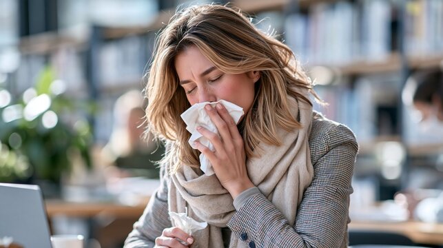 Woman coughs into tissue at office desk