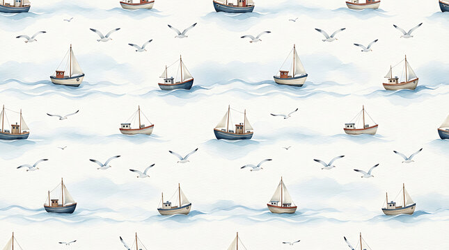 Watercolor seamless pattern with sailboats and seagulls on white background
