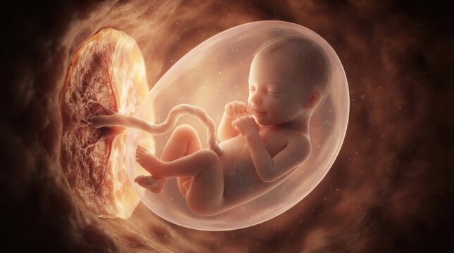 Fetus developing inside amniotic sac in uterus illustration