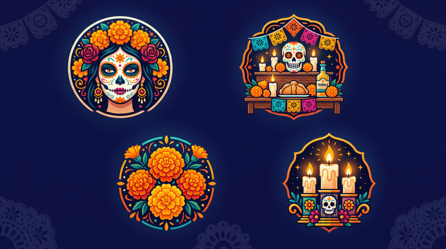 Day of the Dead Vector Sticker Set with Catrina Sugar Skull Altar and Marigolds
