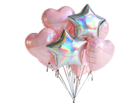 Bunch of iridescent heart and star shaped foil balloons on white background