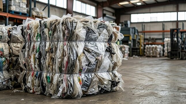Large compressed bale of mixed plastic waste materials bound tightly with wire in a recycling facility
