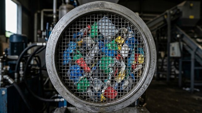 Macro view of colorful shredded plastic material processed through a metal grate in an industrial recycling facility