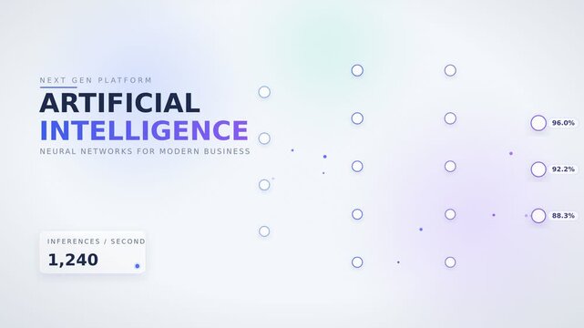 Light Mode Artificial Intelligence Neural Network Animation with Glass Nodes and Live Inference Counter in Pastel Blue Violet