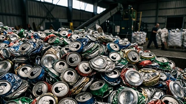 Massive pile of crushed aluminum cans ready for recycling in an industrial facility
