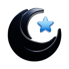 A glossy 3d of a crescent moon and a five-pointed star rendered in deep black with a bright blue star, isolated on a black background, featuring smooth reflective surfaces and stylized form © REZAUL