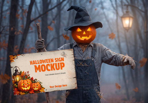 Halloween Sign Mockup with Scarecrow and Pumpkin