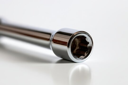 A shiny chrome socket wrench extension rests on a bright white surface with soft studio lighting.