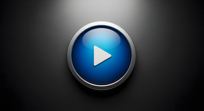 Glossy Blue Play Button Icon on Dark Gradient Background, Media and Video Symbol