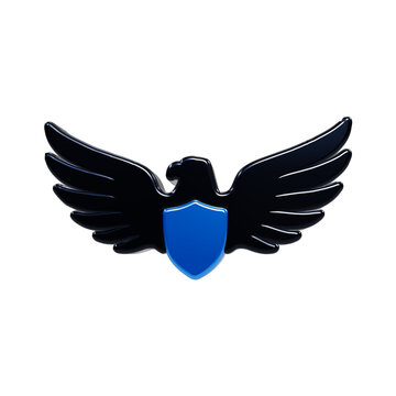 A glossy black eagle emblem with spread wings featuring a centered vibrant blue shield rendered in a3d style against a solid black background, for a bold, high-contrast visual presentation