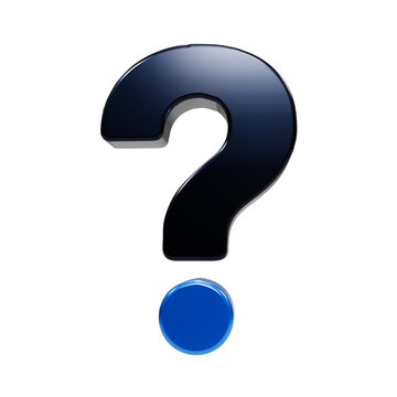 A glossy dark navy blue question mark symbol with a bright blue dot, rendered as a3d isolated on a black background, for digital interface, navigation and help, section user experience