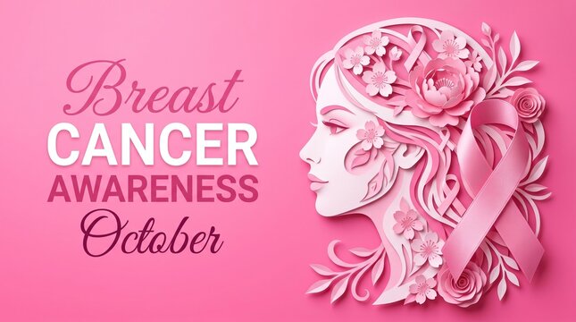 An elegant paper craft art composition depicting a profile of a woman adorned with flowers and pink ribbon for breast cancer awareness month campaign.
