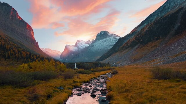 Breathtaking Mountain Valley Landscape at Sunset: A Tranquil Scene of Majestic Peaks, Colorful Skies, and a Serene Stream Flowing Through a Vibrant Meadow