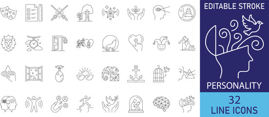 Fototapeta premium Human personality traits and psychological character behavior line icon set. Vector symbols for introversion vs extroversion balance, emotional mood masks, creative vs logical brain, leadership charis