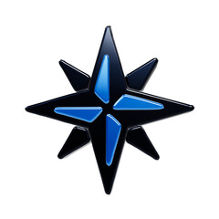 A3d rendered eight-pointed star compass with dark navy blue edges and bright blue inner segments, isolated on a black background, for navigation, direction, and travel related, digital themes © REZAUL