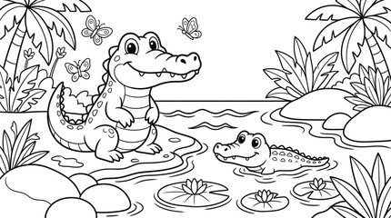 Obraz premium Happy Crocodile Coloring Page Kids River Vector Illustration Art