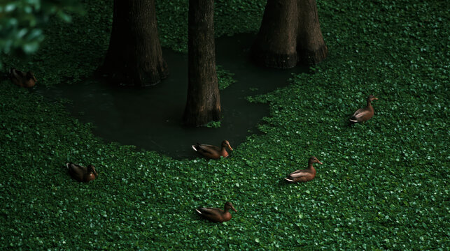 High angle photograph of ducks moving slowly across green wetland beneath trees, creating peaceful natural scene with reflections