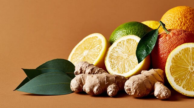 Vibrant citrus fruits rest beside fresh ginger root