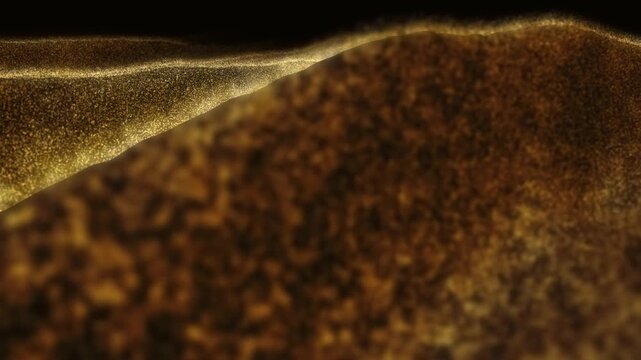 Animated camera flying over golden particle dunes with glowing crests on black, abstract desert landscape, sand terrain and warm technology background