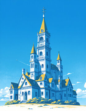 Tower of stacked colorful houses, risograph illustration