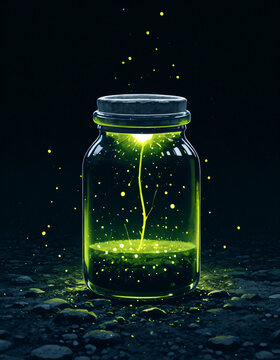 Jar of fireflies lighting a dark meadow, gouache illustration