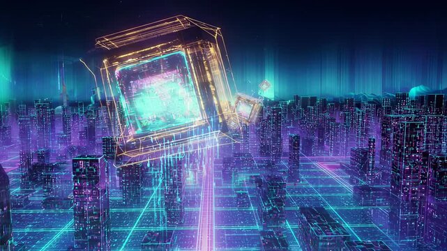 Exploring a Futuristic Cyberpunk Cityscape Filled with Glowing Neon Structures and Abstract Geometric Designs Under a Vivid Holographic Atmosphere