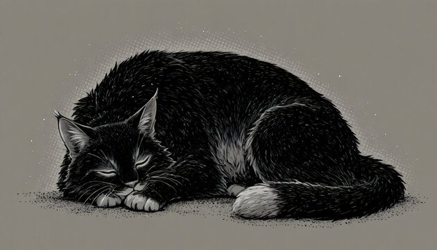 Giant cat sleeping around a village, risograph illustration