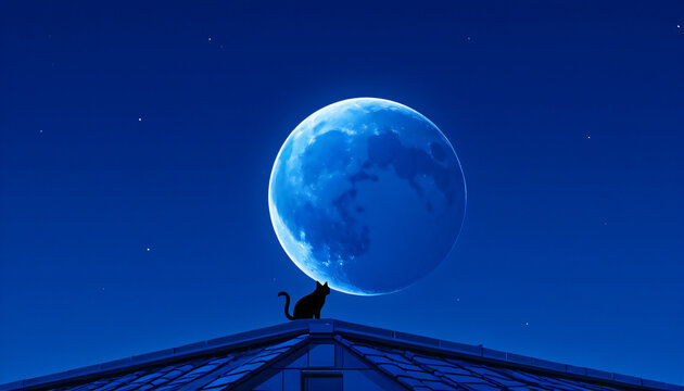 Cat on a rooftop under a huge moon, flat vector illustration