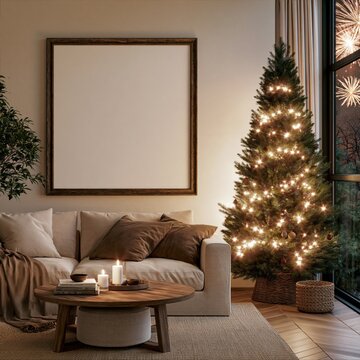 Cozy living room glows with warm holiday lights
