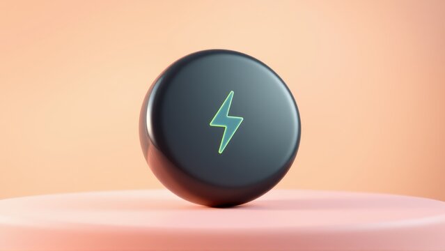 Dark sphere displays lightning bolt symbol. Soft gradient background creates minimalist studio lighting. Simple design, clean presentation.