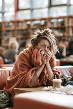 Woman wrapped in a cozy blanket, hugging herself