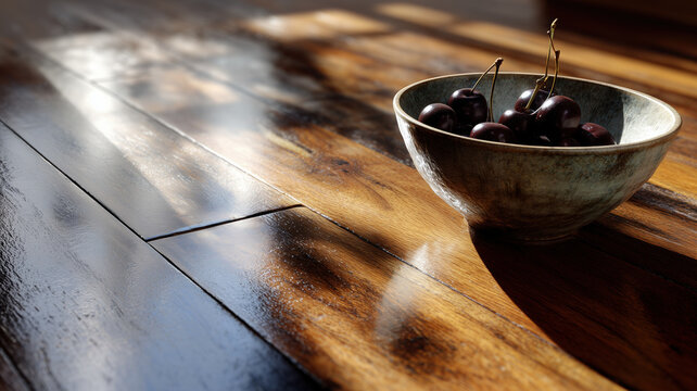 Bowl of dark cherries on a rustic wooden floor, sunlit with dust motes