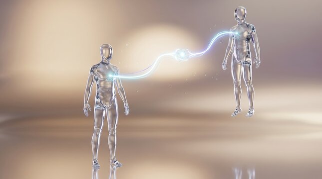 Two translucent glass human figures connected by glowing energy beam representing telepathic connection or data transfer between individuals in abstract 3d digital space environment