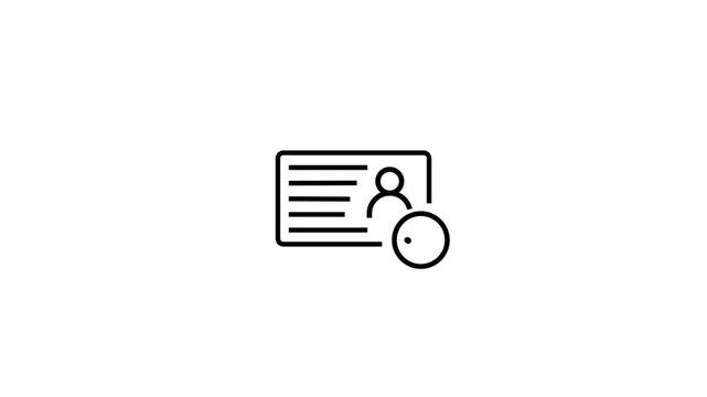 Minimalist black outline of an identification card or badge featuring horizontal lines representing text and a simple human figure silhouette, isolated on a clean white background