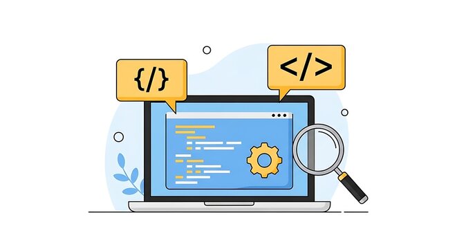Digital coding process illustration showing laptop software development and analysis