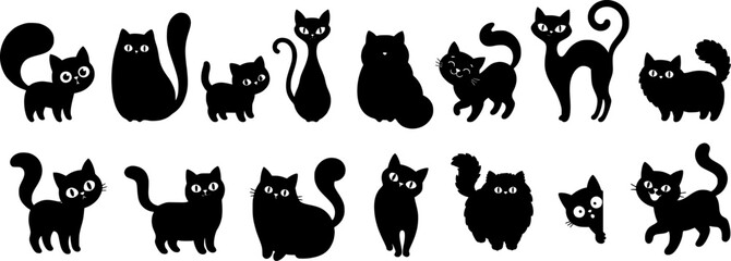 Obraz premium Black Cat Silhouette Vector Collection in Various Poses, Cute Halloween Feline Character Set