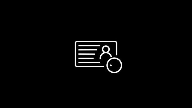 Simple white outline representing an identification card with horizontal lines and a silhouette of a person on a solid black background with no other present. Keywords: identification, card, id