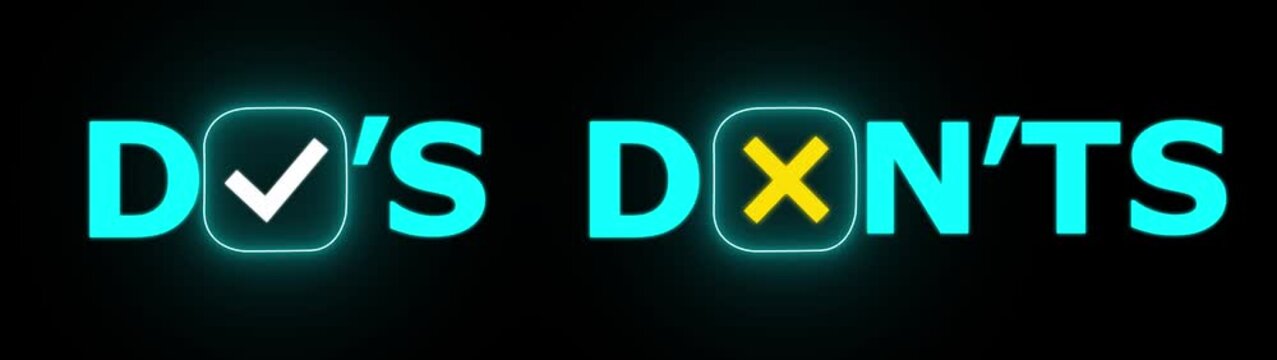 Do&rsquo;s and Don&rsquo;ts Concept with Glowing white Checkmark and yellow Cross Icons, Correct and Incorrect Rules, motion graphics Approval and Rejection Sign for Guidelines and Instructions..