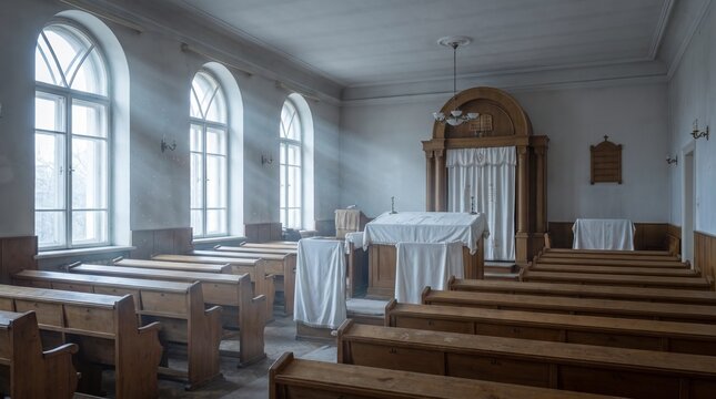  Empty synagogue interior prepared for Yom Kippur. Volumetric sunlight streaming through windows illuminating wooden pews and the Holy Ark covered in white cloth