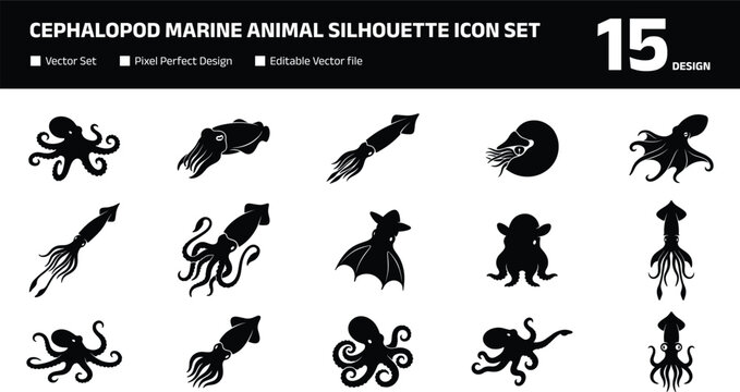 Cephalopod Marine Animal Silhouette Icon Collection with Octopus Squid and Cuttlefish Symbols for Aquatic Graphic Design Projects