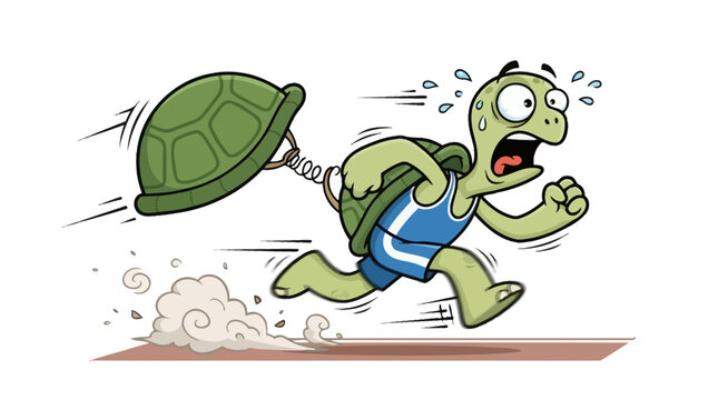 Funny Cartoon Turtle Running Fast in Blue Athletic Gear with a Spring Shell and Dust Clouds on White Background