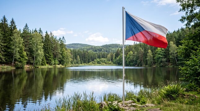 Czech national flag waving on pole beside serene forest lake under bright daylight summer sky