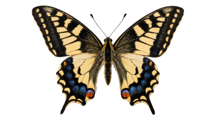 Obraz premium Yellow and black butterfly with blue and orange spots, isolated on transparent background