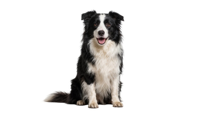 Happy black and white Border Collie dog sitting attentively, isolated on transparent background